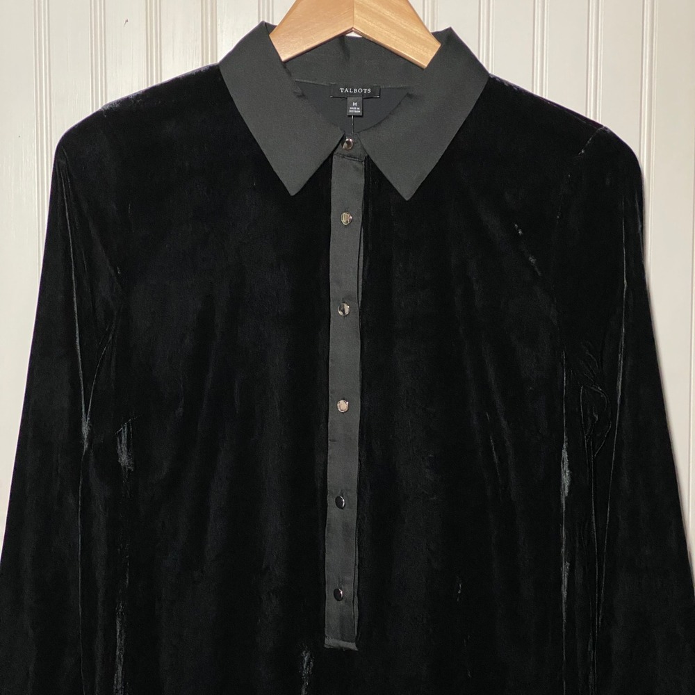 NWT Talbots Whimsigoth Black Crushed Velvet Satin Collar Shift Dress Velour - M - Picture 5 of 10